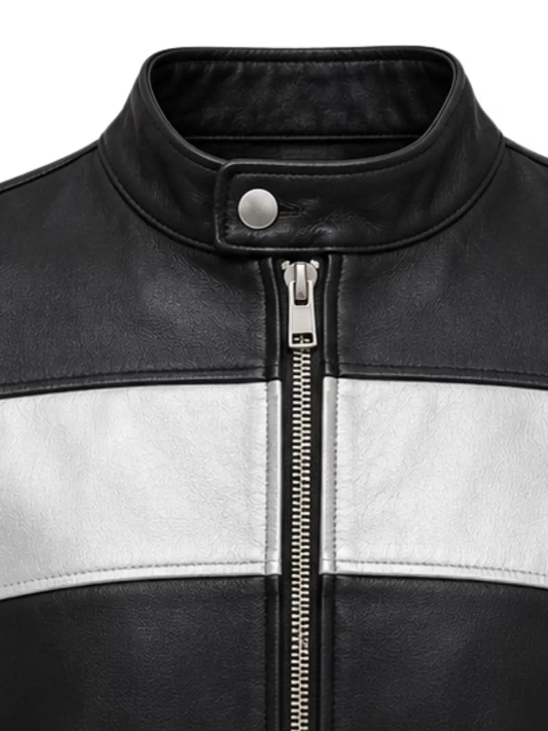 Men's black sheepskin leather jacket, zip and closure detail