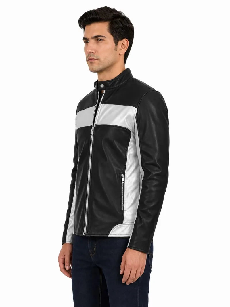 Men's black sheepskin leather jacket, collar detail