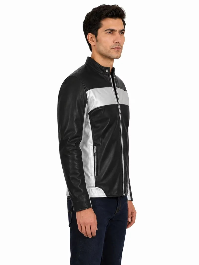 Men's black sheepskin leather jacket, side view