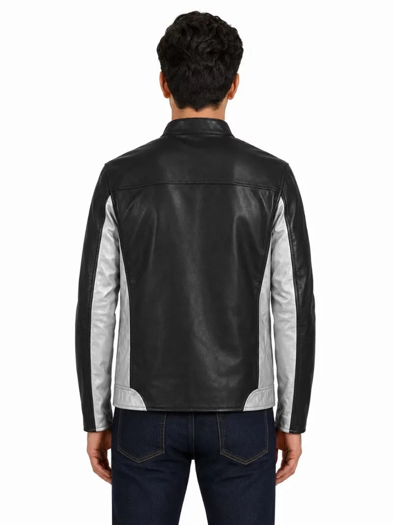 Men's black sheepskin leather jacket, back view