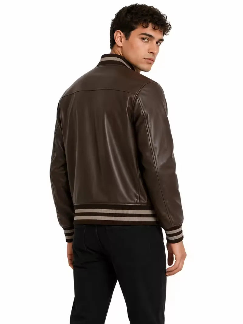 Men's black sheepskin leather jacket, collar detail