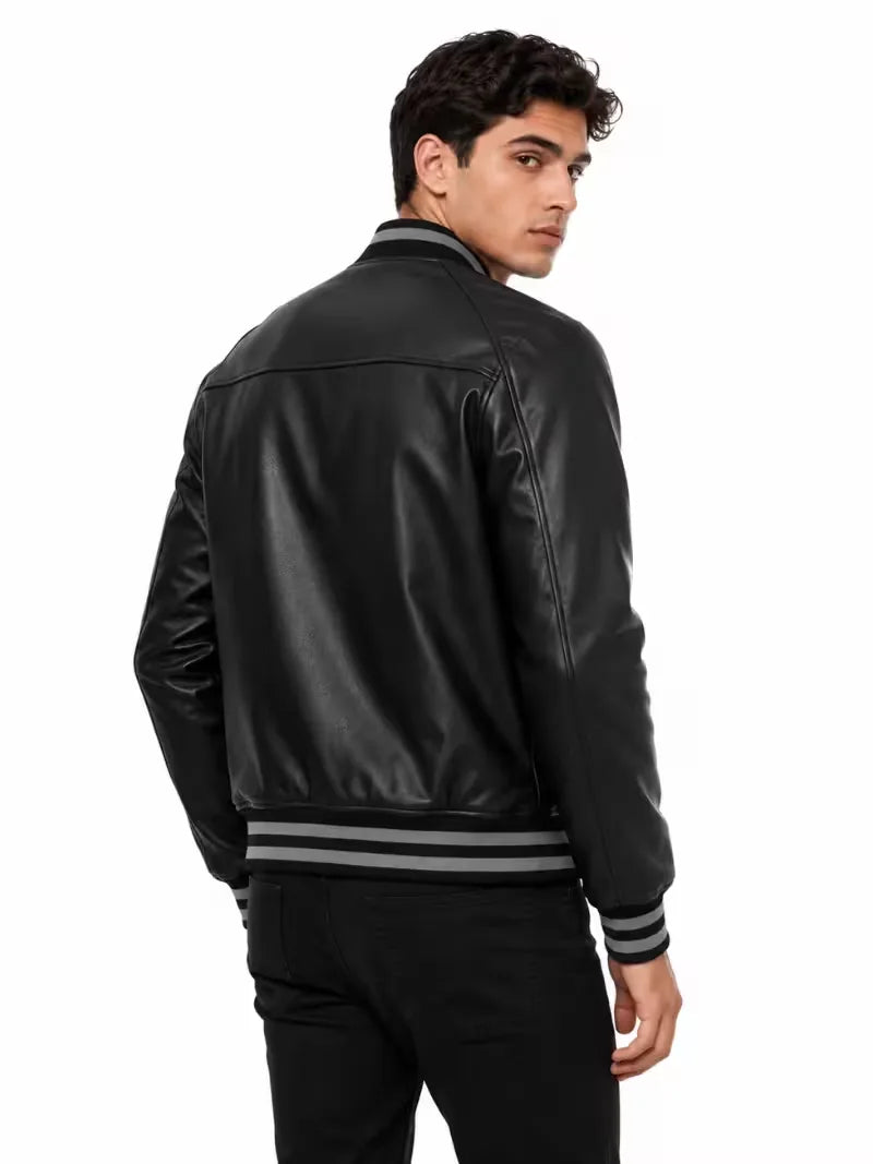 Men's black sheepskin leather jacket, back view
