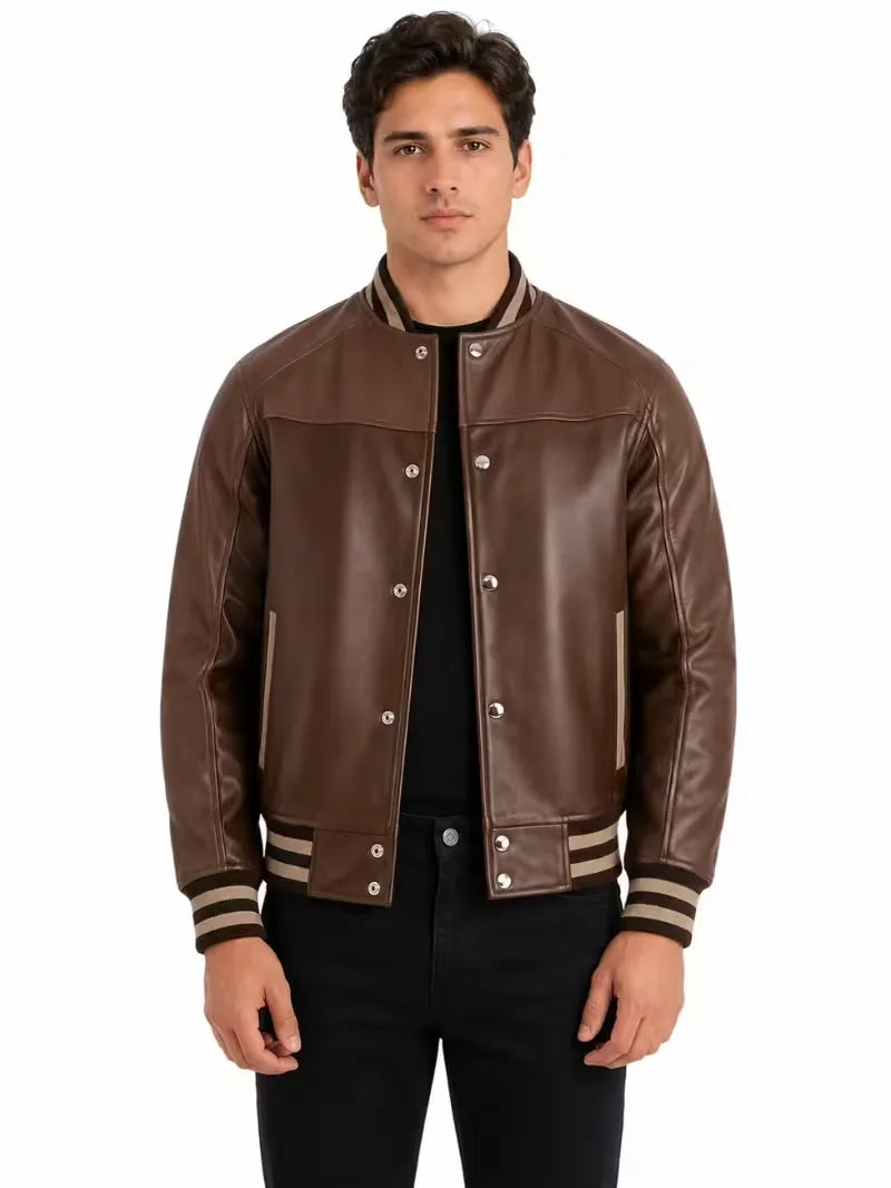 Men's black sheepskin leather jacket, side view
