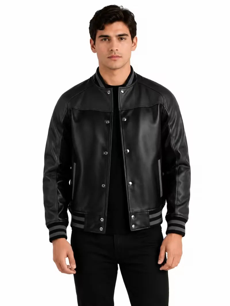 Men's black sheepskin leather jacket, front view