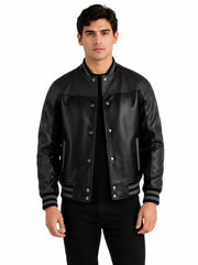 Men's black sheepskin leather jacket, front view