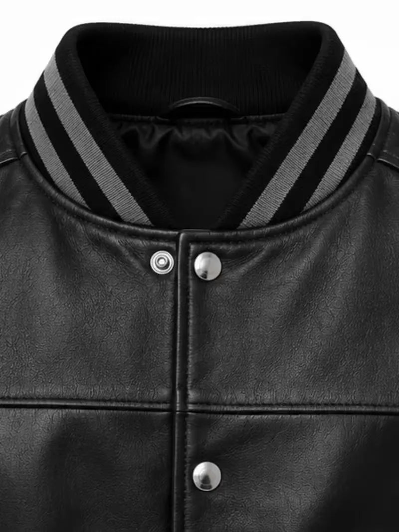 Men's black sheepskin leather jacket, zip and closure detail