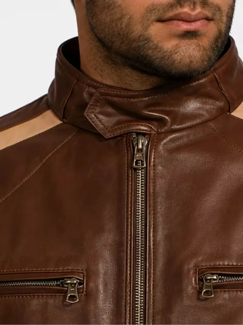 Men's black sheepskin leather jacket, zip and closure detail