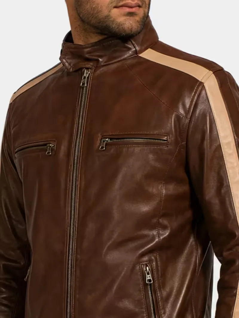 Men's black sheepskin leather jacket, collar detail