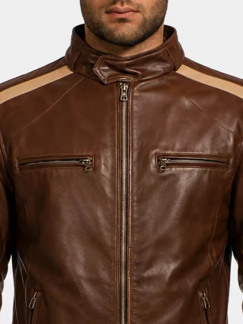 Men's black sheepskin leather jacket, side view