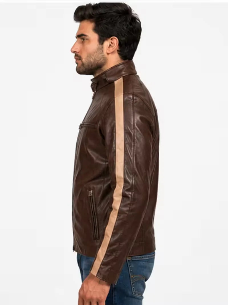 Men's black sheepskin leather jacket, lining detail