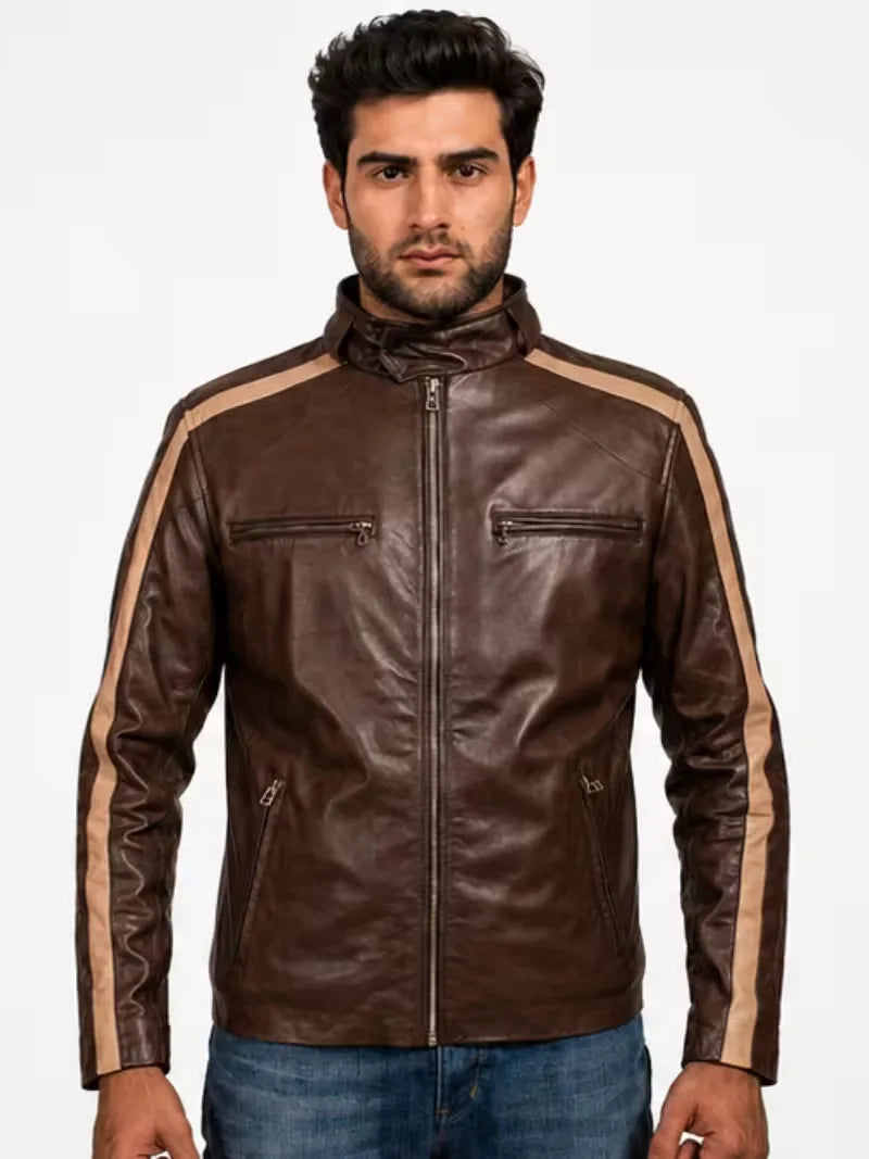 Men's black sheepskin leather jacket, zip and closure detail