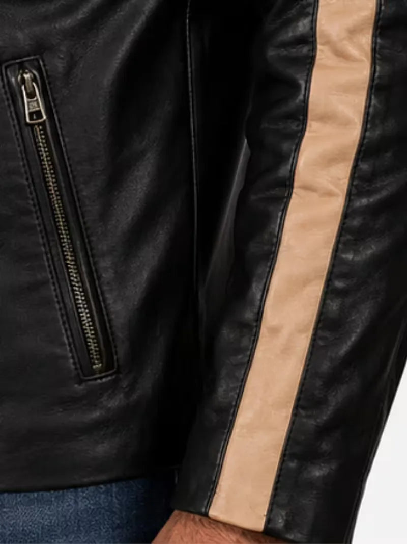 Men's black sheepskin leather jacket, back view