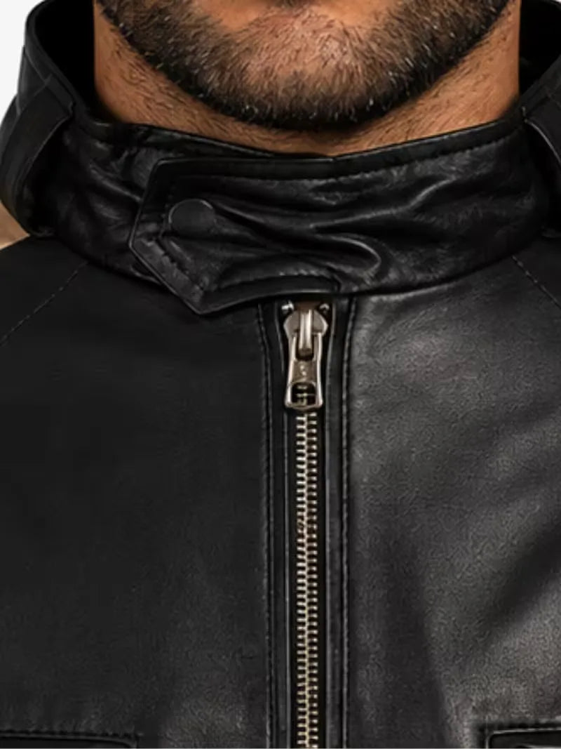 Men's black sheepskin leather jacket, front view