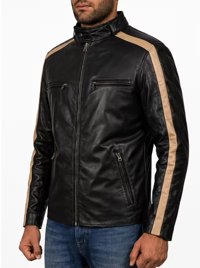 Men's black sheepskin leather jacket, worn on model