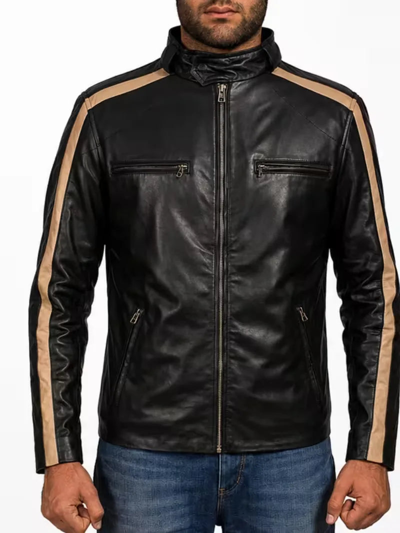 Men's black sheepskin leather jacket, full length