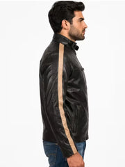 Men's black sheepskin leather jacket, side view