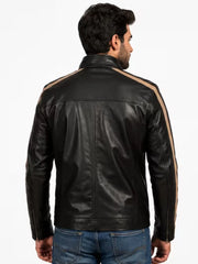 Men's black sheepskin leather jacket, back view