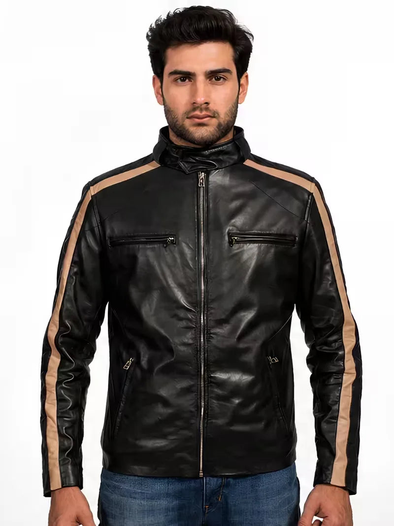 Men's black sheepskin leather jacket, front view