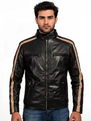 Men's black sheepskin leather jacket, front view