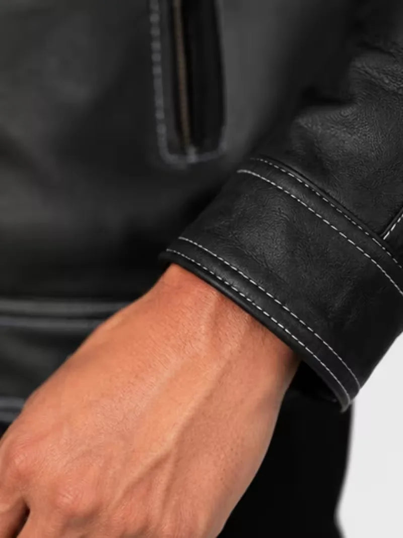 Men's black sheepskin leather jacket, cuff detail