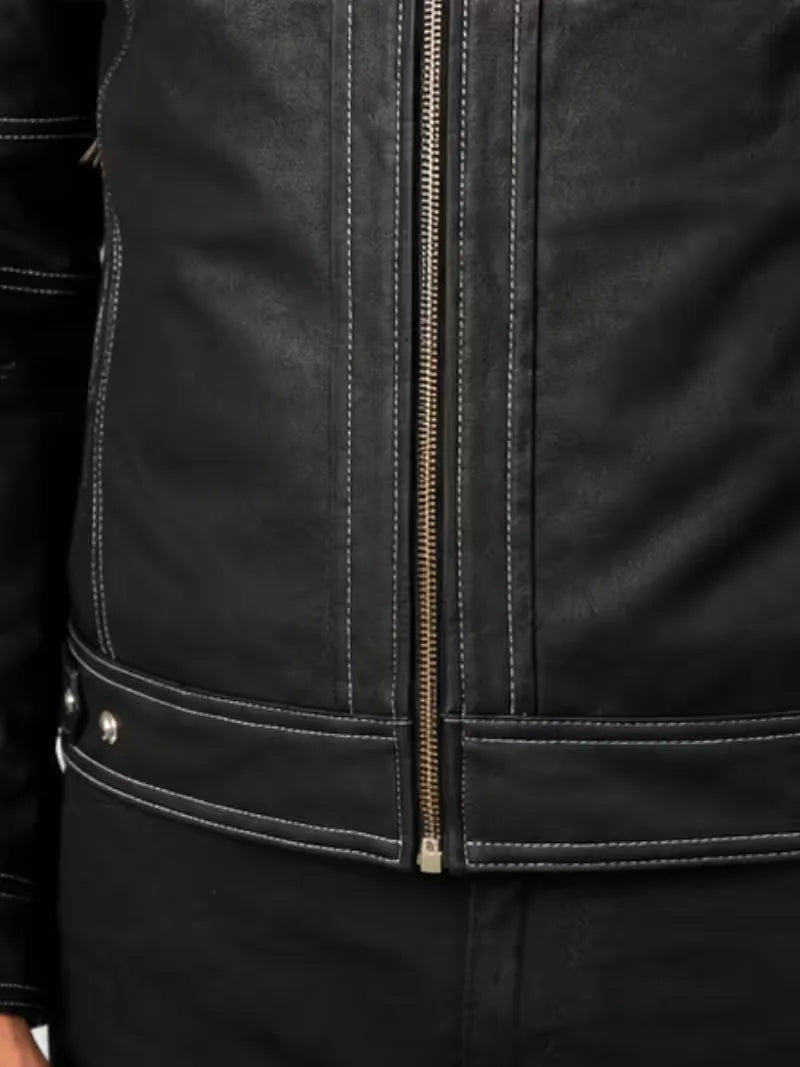 Men's black sheepskin leather jacket, zip and closure detail