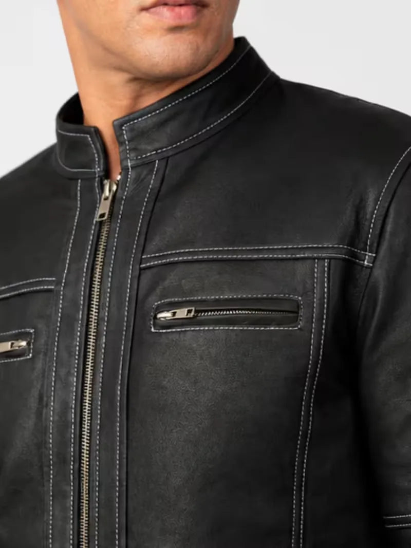 Men's black sheepskin leather jacket, collar detail