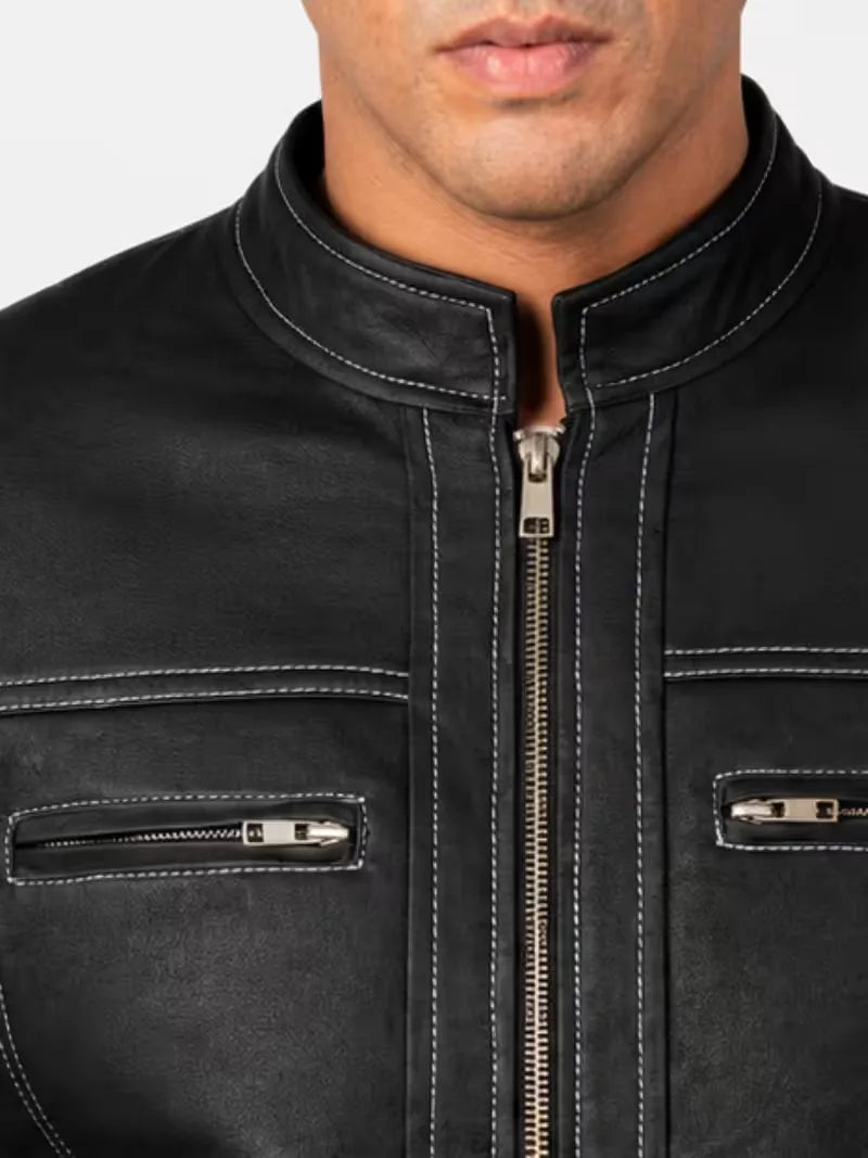 Men's black sheepskin leather jacket, side view