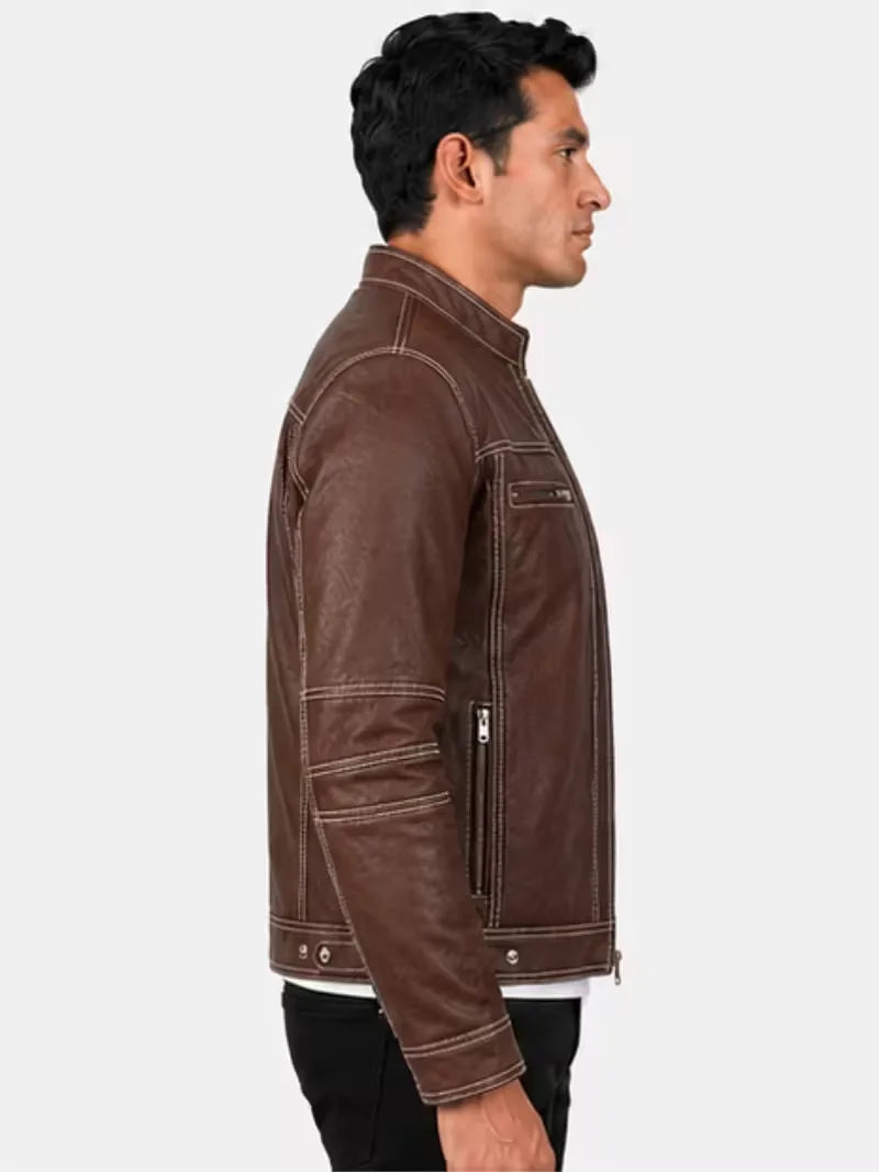 Men's black sheepskin leather jacket, back view