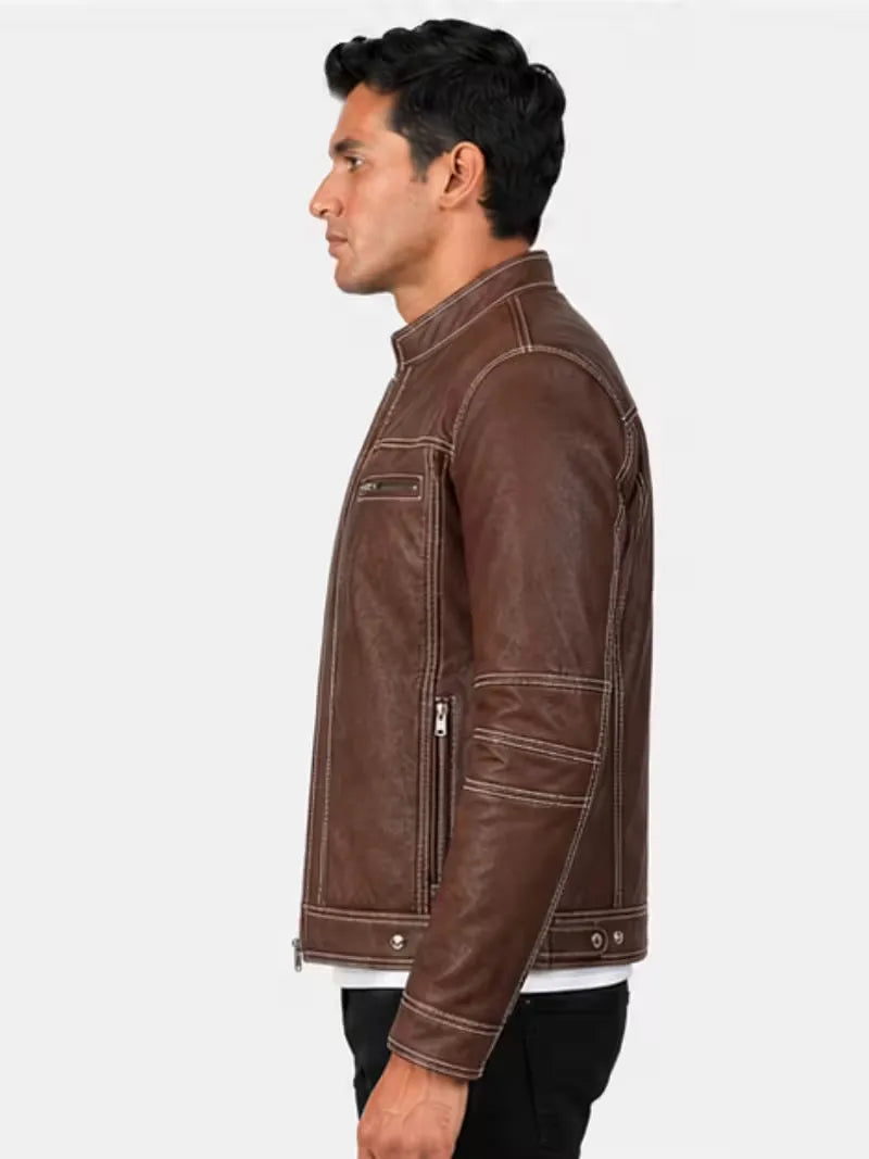 Men's black sheepskin leather jacket, front view