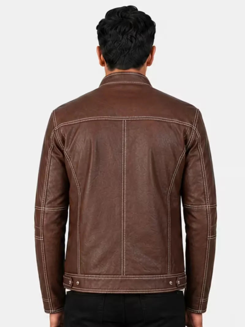 Men's black sheepskin leather jacket, worn on model