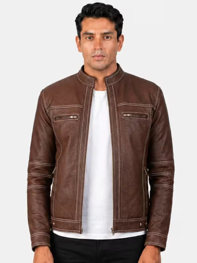 Men's black sheepskin leather jacket, full length