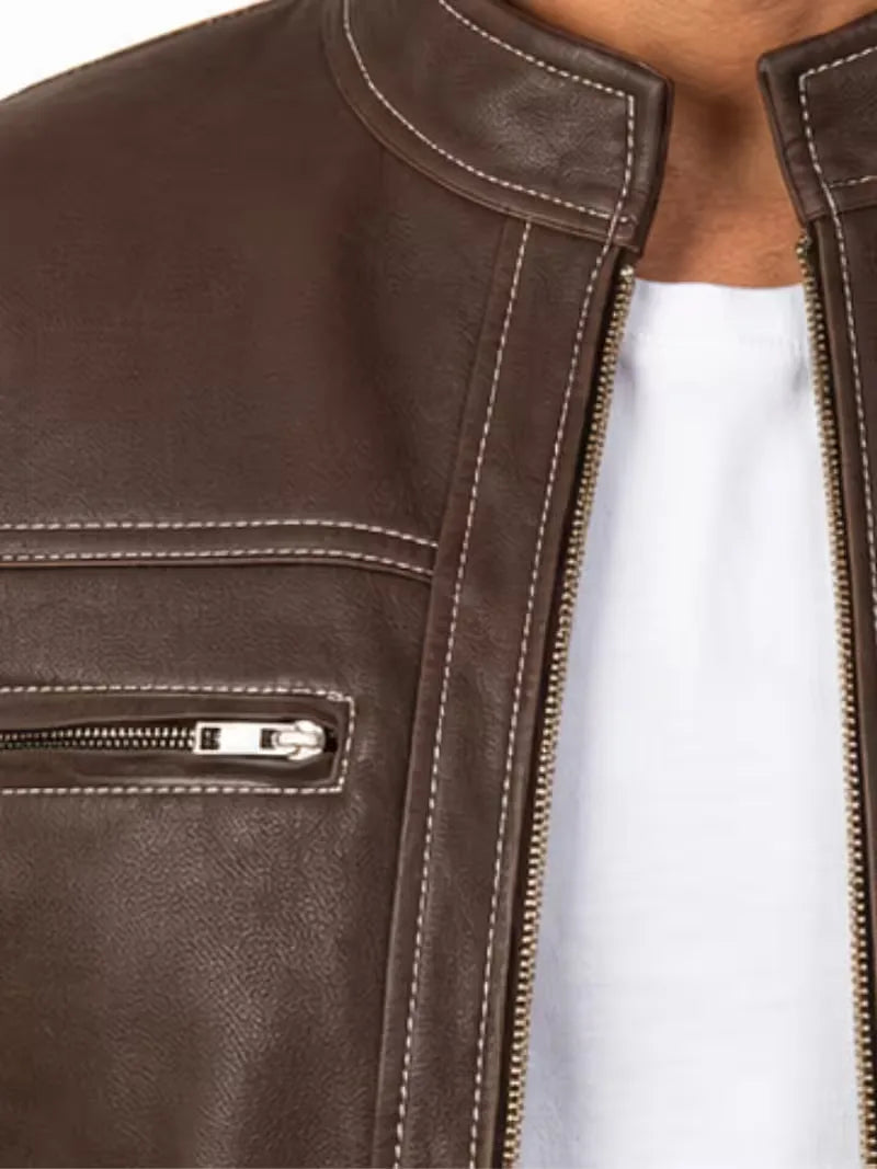 Men's black sheepskin leather jacket, pocket detail