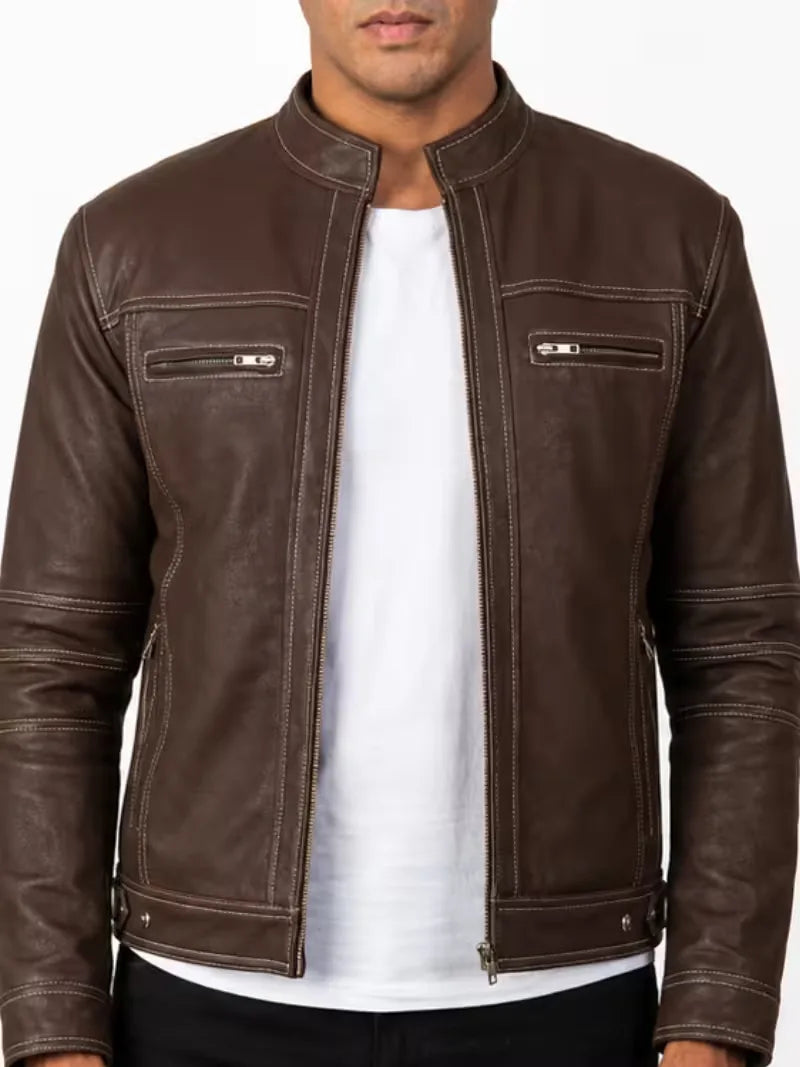 Men's black sheepskin leather jacket, zip and closure detail