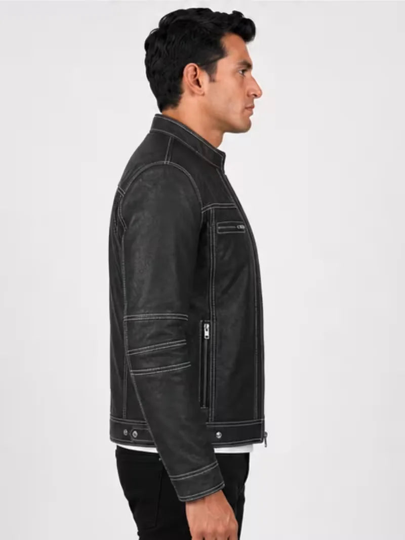 Men's black sheepskin leather jacket, collar detail