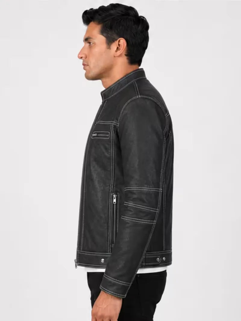Men's black sheepskin leather jacket, side view