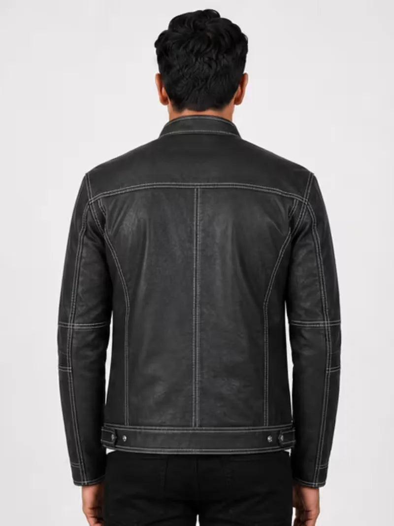 Men's black sheepskin leather jacket, back view