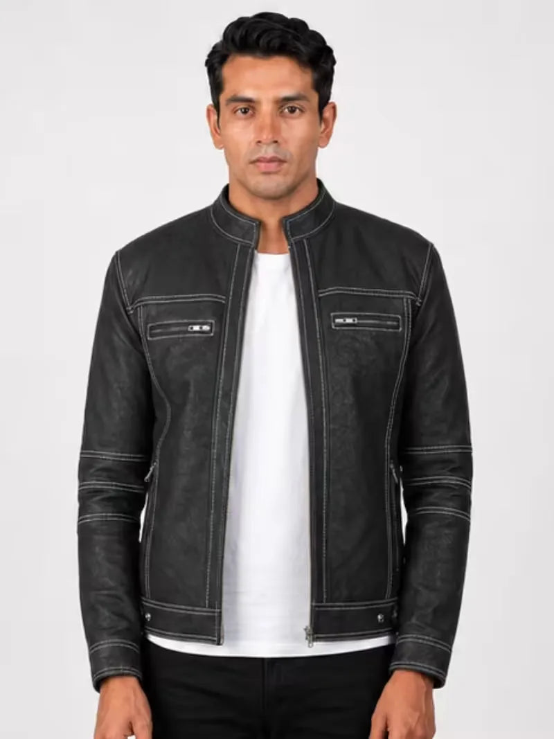 Men's black sheepskin leather jacket, front view
