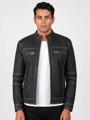Men's black sheepskin leather jacket, front view