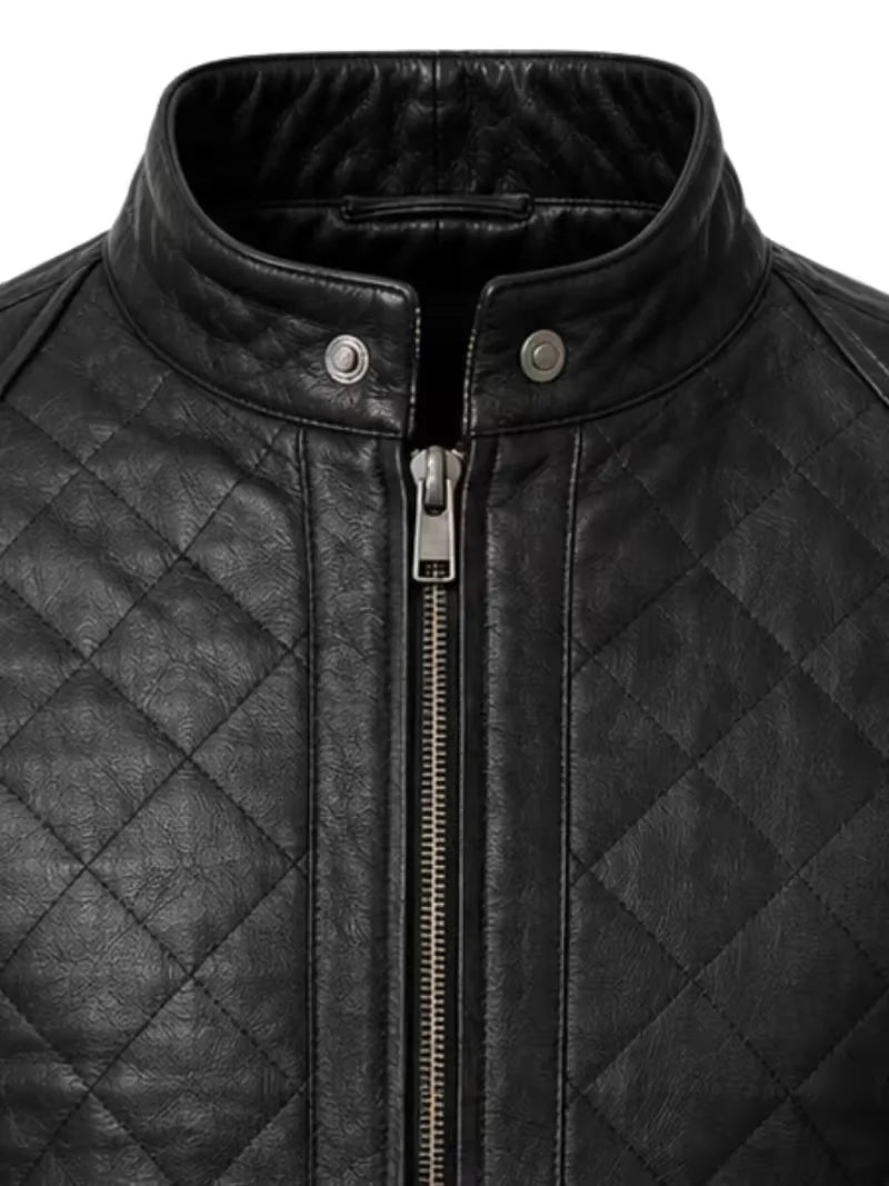 Men's black sheepskin leather jacket, zip and closure detail