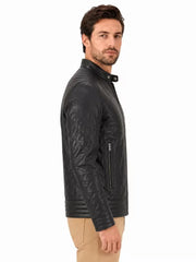 Men's black sheepskin leather jacket, side view