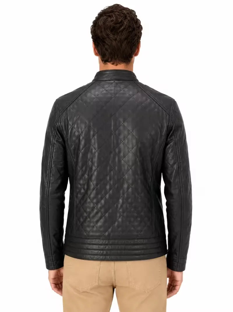 Men's black sheepskin leather jacket, back view