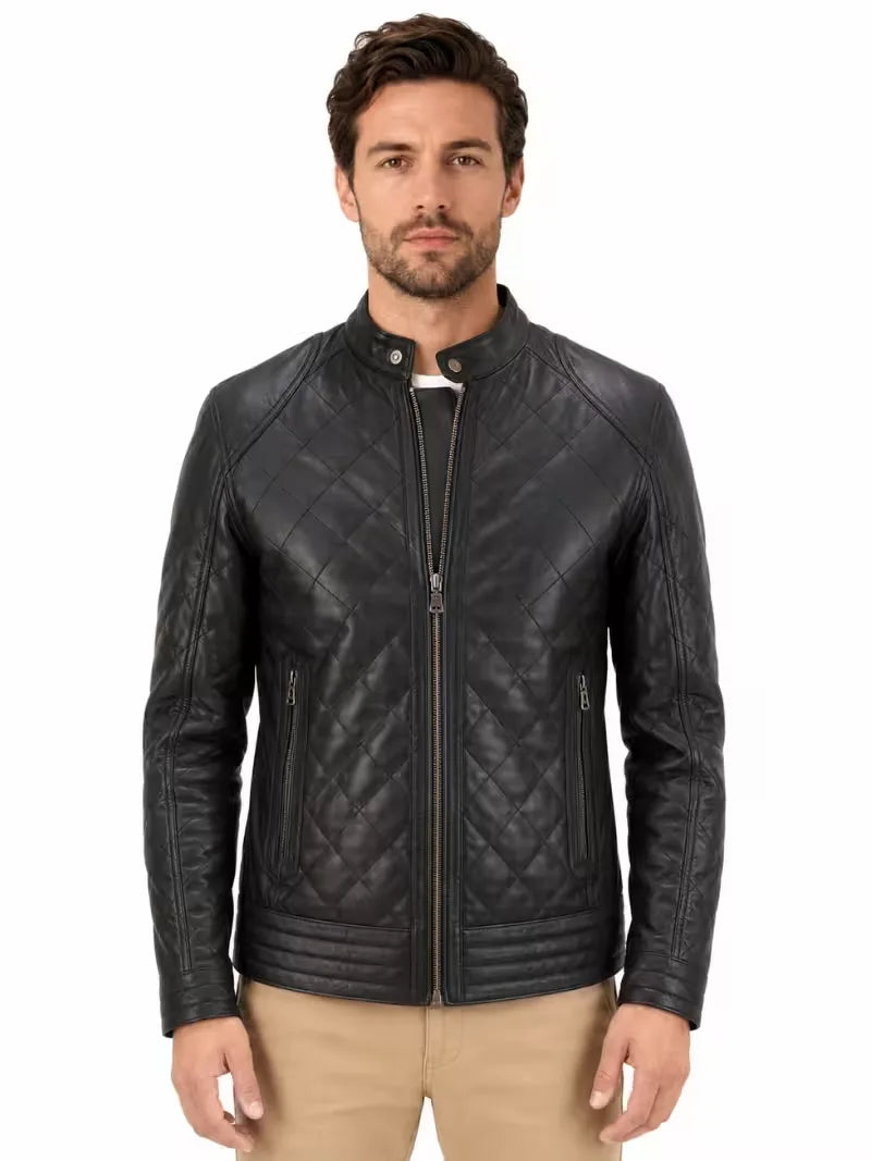Men's black sheepskin leather jacket, front view