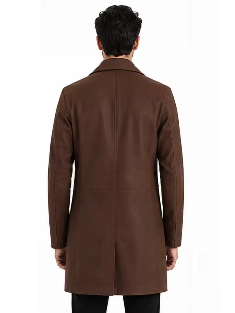 Men's brown sheepskin leather coat, cuff detail