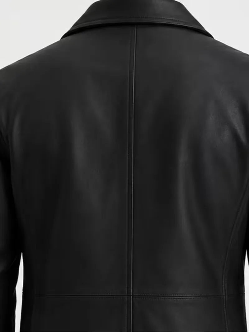 Men's brown sheepskin leather coat, back view