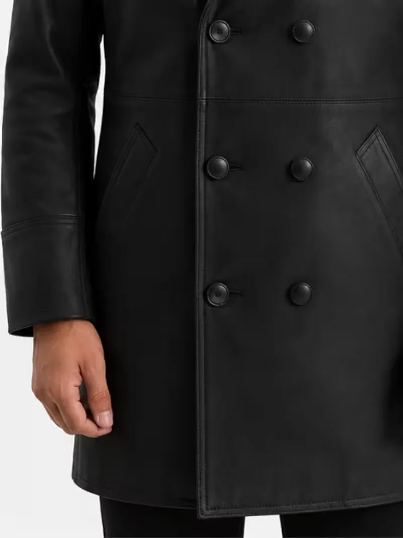 Men's brown sheepskin leather coat, front view