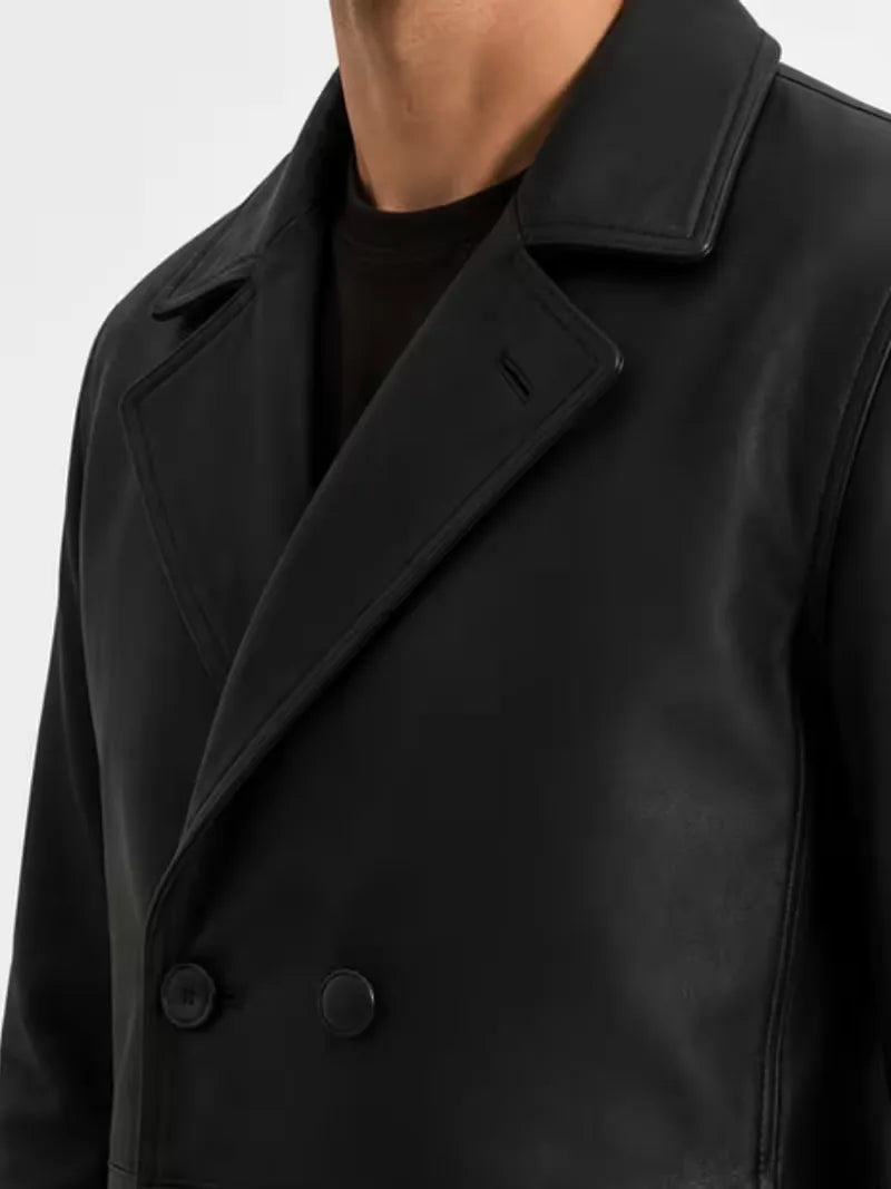Men's brown sheepskin leather coat, worn on model