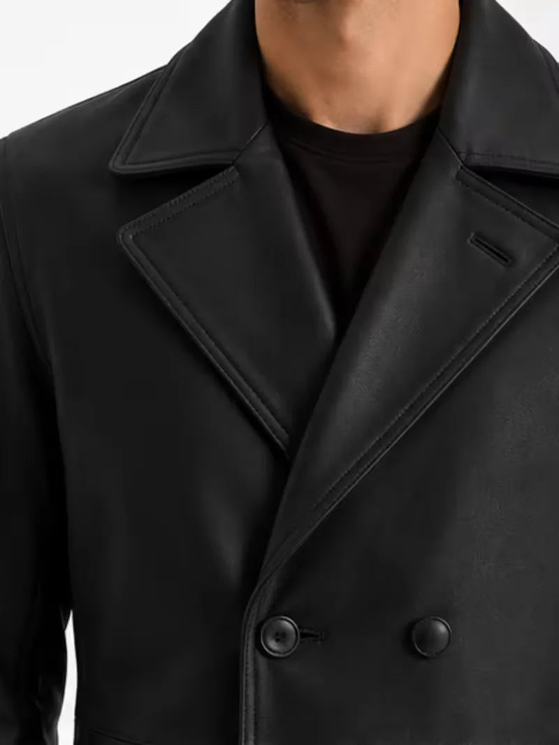 Men's brown sheepskin leather coat, full length