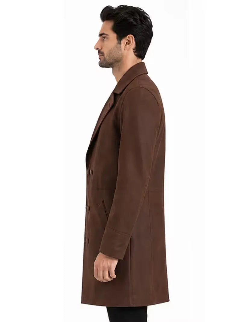 Men's brown sheepskin leather coat, lining detail