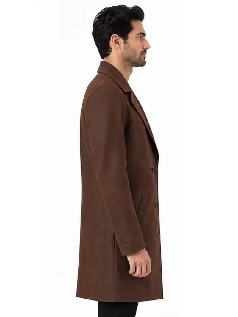 Men's brown sheepskin leather coat, pocket detail