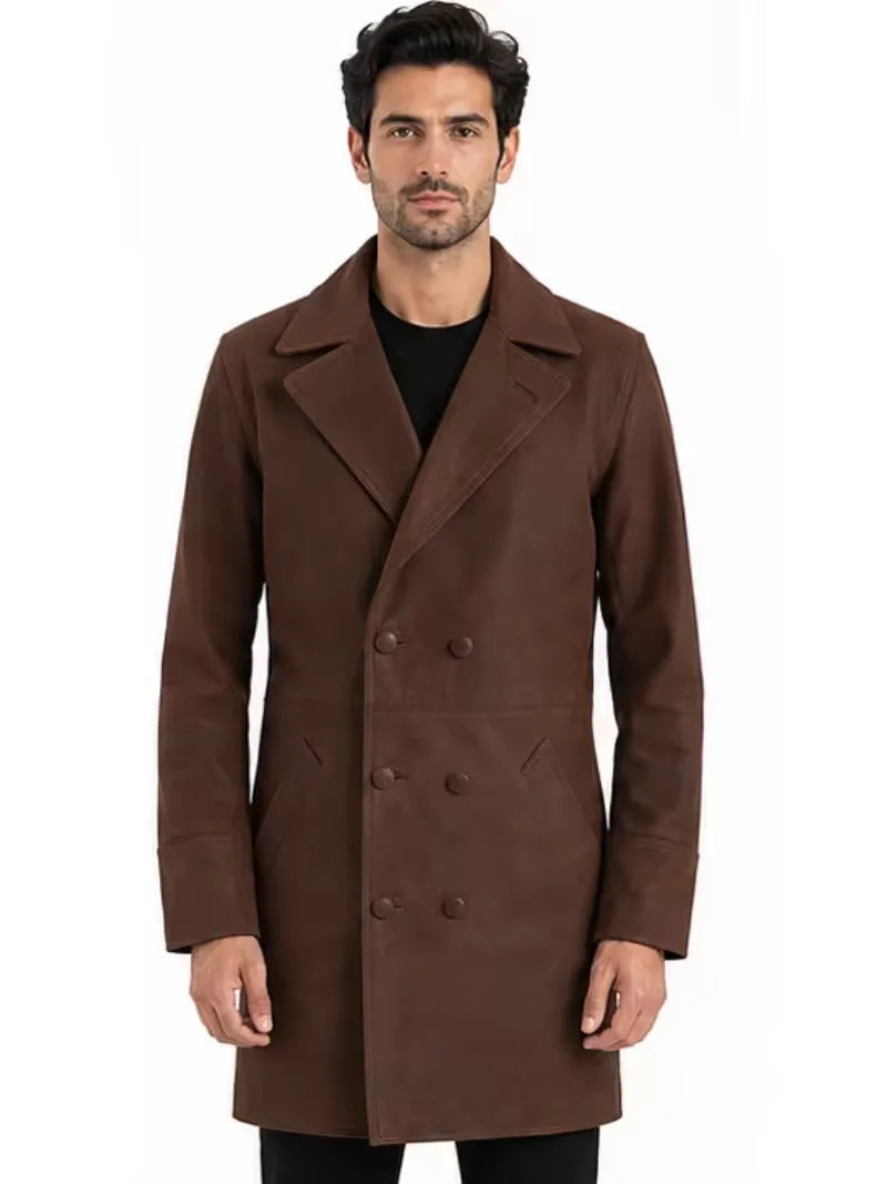 Men's brown sheepskin leather coat, zip and closure detail
